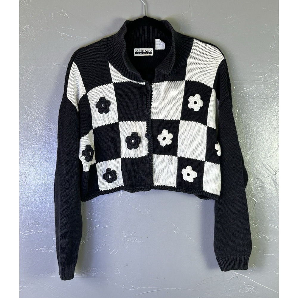 vintage Contempo Casuals black & white checkered cropped cardigan Med